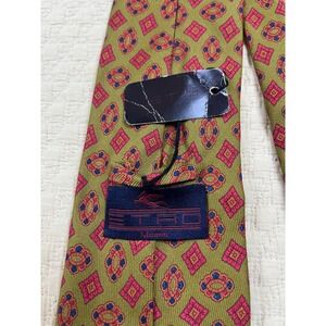 Etro Jacquard Silk Tie NWT Retro 1970s | Green Red Blue |‎ 54"L 4"W